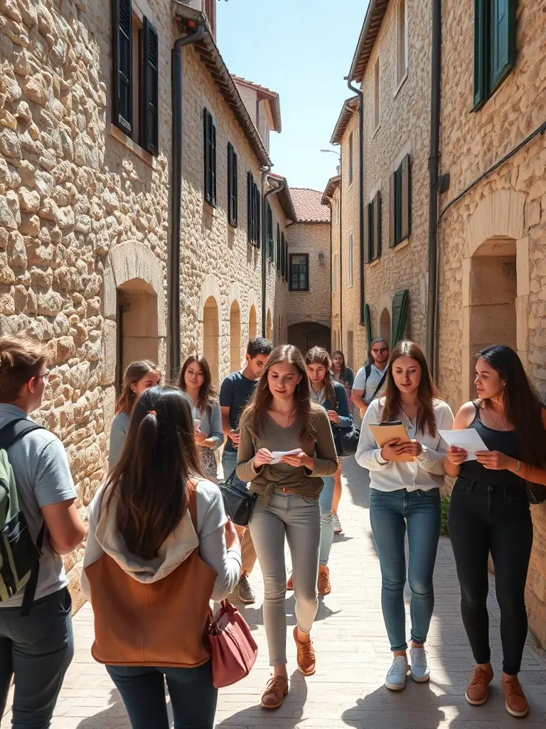 A group of students on a TRACES EDITIONS-led historical tour of Le Castellet-lès-Sausses, learning about the village's architecture and historical significance.