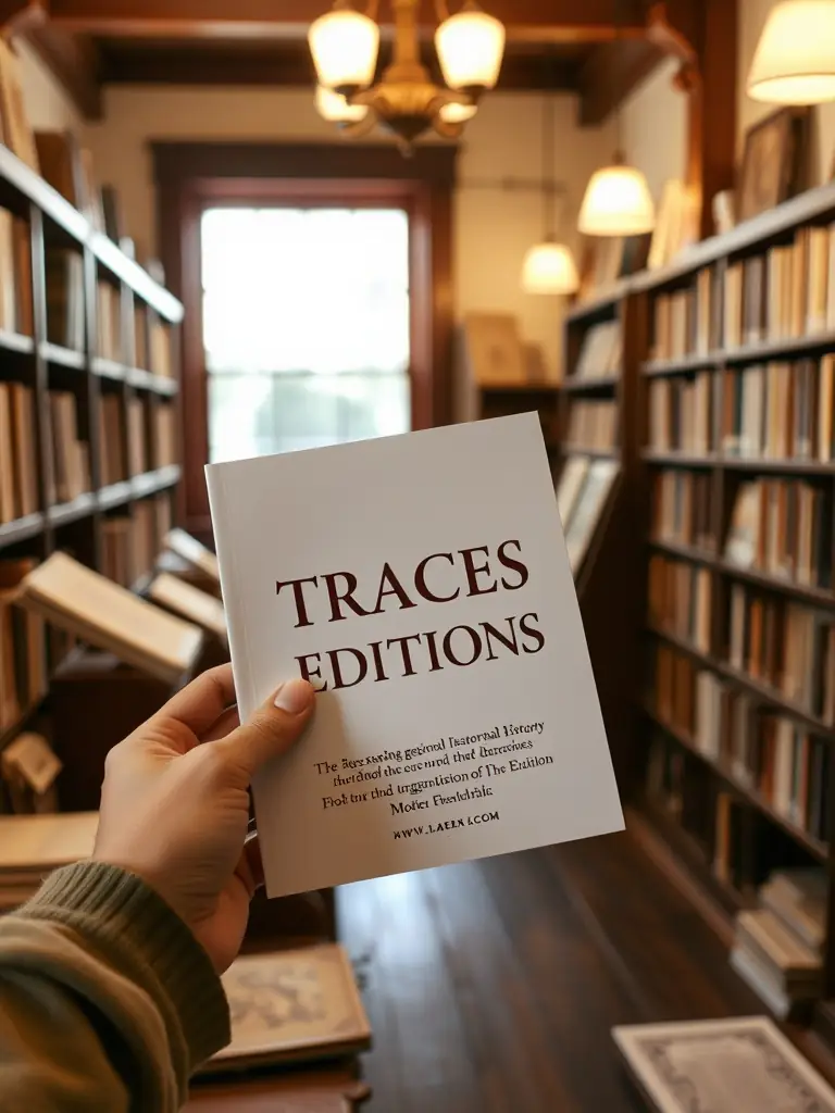 A photo of a TRACES EDITIONS publication being presented at a local library, highlighting the organization's commitment to documenting and sharing the region's history.