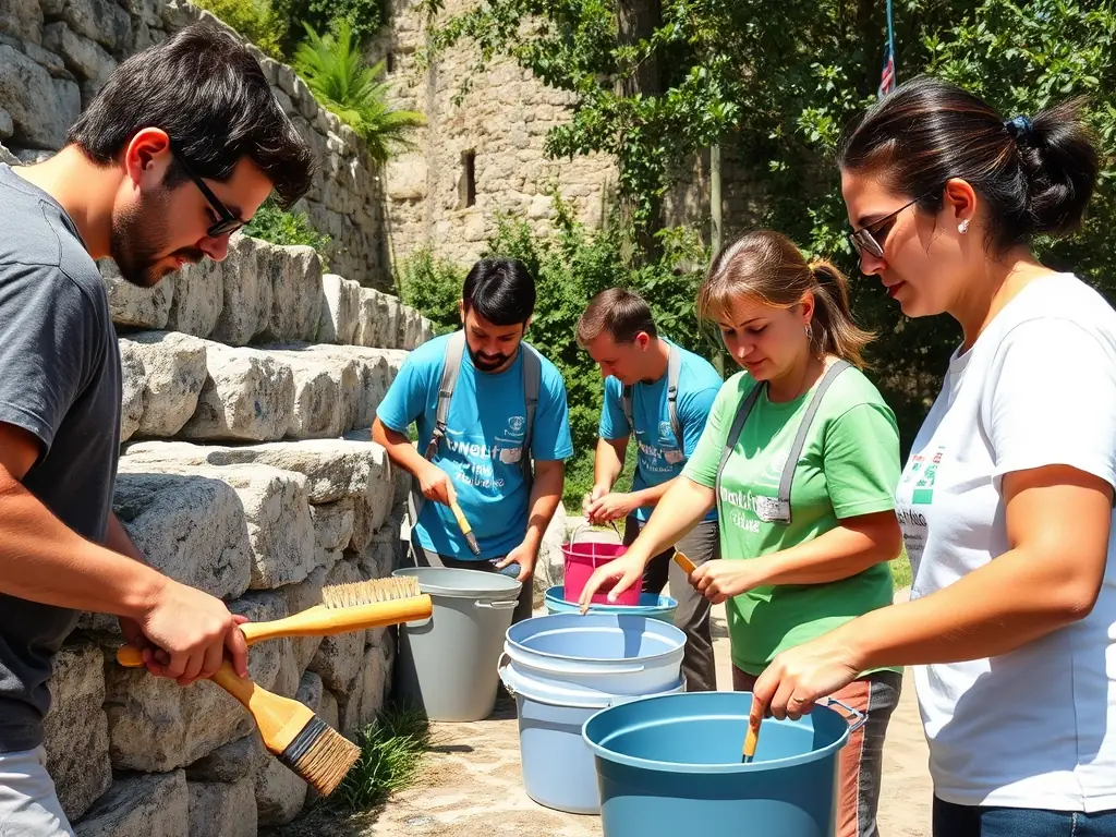 A photograph showcasing a group of volunteers working on the restoration of a historical building in the Coulomp Valley, emphasizing community involvement and hands-on preservation efforts.